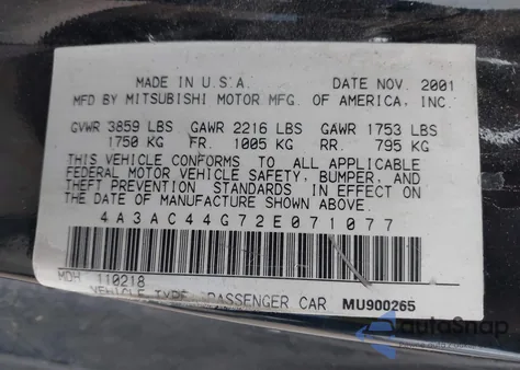 2002 Mitsubishi Eclipse Gs z USA, uszkodzony, nr VIN 4A3AC44G72E071077